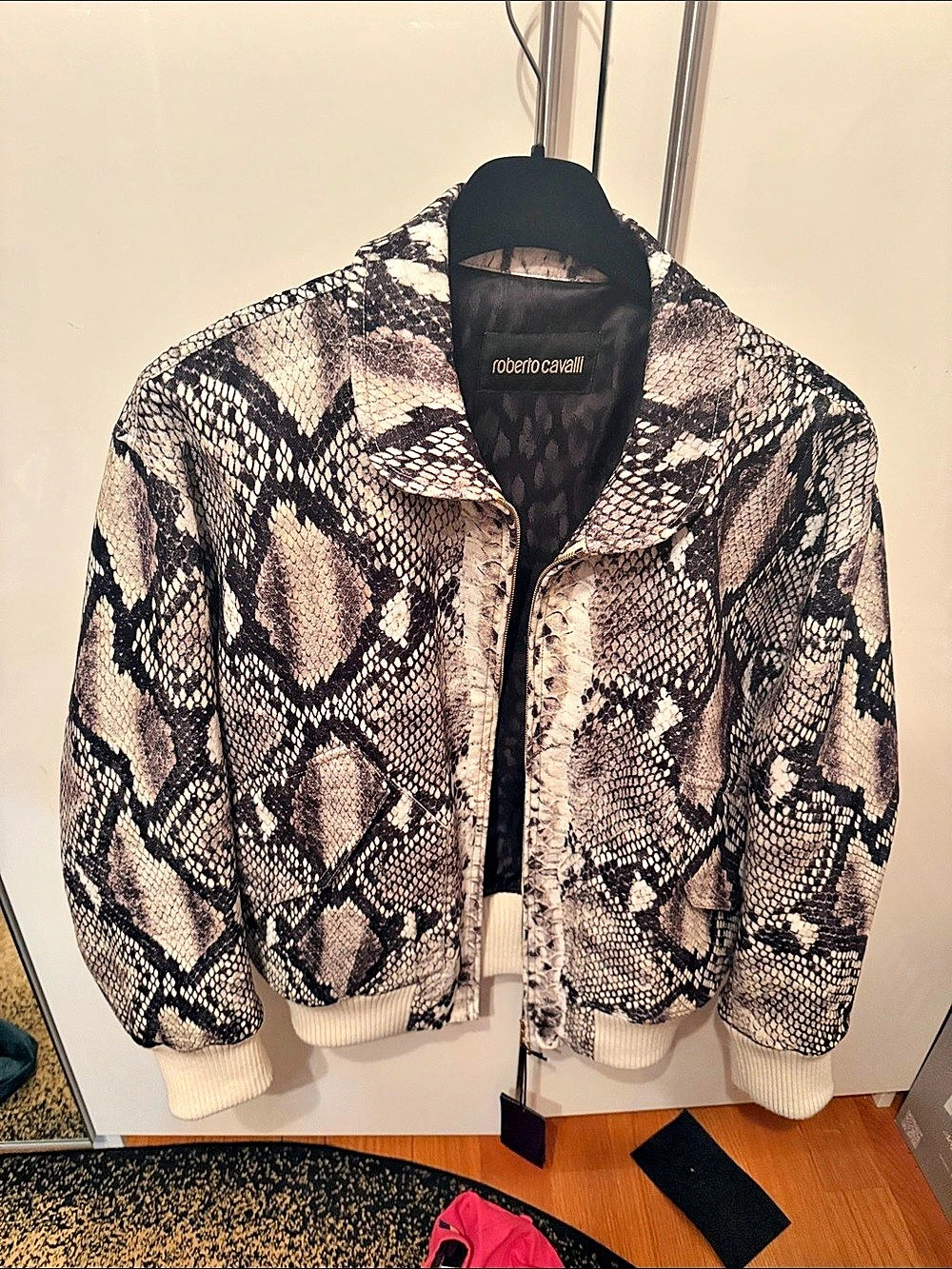 Roberto Cavalli Snake Print Bomber Jacket in Black & White NWT
